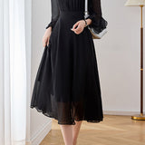 French Elegant Crew Neck Waist-Cinched Three-Quarter Sleeve Chiffon Dress