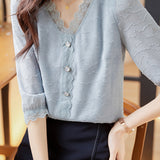 V-Neck Star Pattern Lace Hem Short Sleeve Blouse with Lining