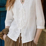Exquisite Vacation V‑Neck Three‑Quarter‑Sleeve Blouse With Lace Trim