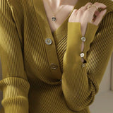 Elegant Asymmetrical V-Neck Long-Sleeve Knit Top
