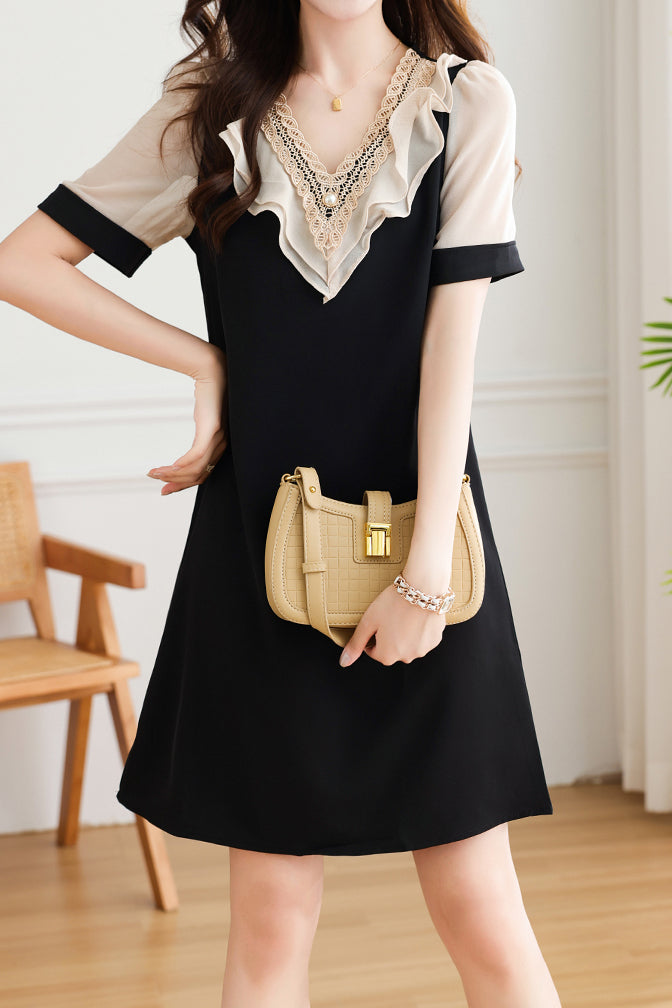 V-Neck Double Flare Decor Sheer Sleeve Flare Dress V-Neck Double Flare Decor Sheer Sleeve Flare Dress