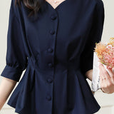 Elegant Office Seven-Sleeve Waist-Slimming Pleated Shirt - liwisi