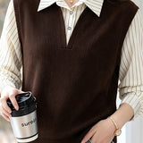 Elegant Commuter Lapel Spliced Striped Long‑Sleeve Knit Sweater