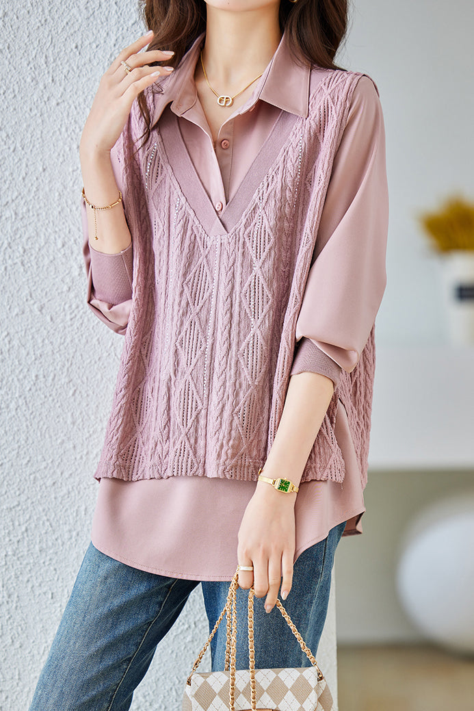 ラインストーン装飾ドッキングニットシャツ　2色入 - liwisi