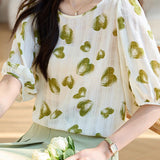 Exquisite Elegant Five-Quarter Sleeve Heart Print Chiffon Blouse