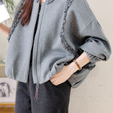 Exquisite Casual Crew‑Neck Zip‑Up Sweatshirt Jacket With Lace Splicing