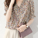 V-Neck Shirring Hem Floral Blouse