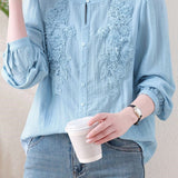 Elegant Date‑Style Crew Neck Lace Applique Puff Sleeve Shirt
