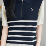 Elegant Commuter Half-zip Stripe Short Sleeve Knit Top