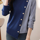 Round Neck Diagonal Button Decor Striped Contrast Sweatshirt