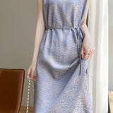 Elegant Commuter Floral Jacquard Sleeveless Tie Satin Dress