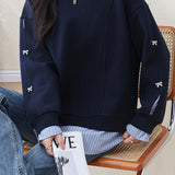 Casual Youthful Crew Neck Striped Spliced Fake‑Two‑Piece Long‑Sleeve Sweatshirt