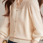 Elegant Lace Spliced Long-Sleeve Slim Knit Top - liwisi