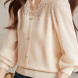 Elegant Lace Spliced Long-Sleeve Slim Knit Top - liwisi