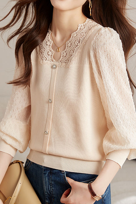 Elegant Lace Spliced Long-Sleeve Slim Knit Top - liwisi