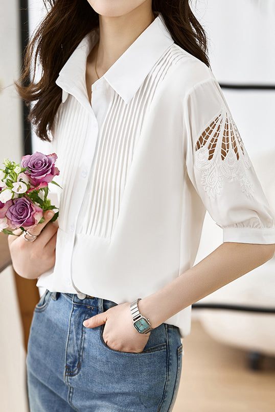 刺繡レース袖ピンタック半袖シャツ - liwisi