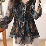 Exquisite Commuter Flared Sleeve Ruffled Waist-Cinched Chiffon Blouse
