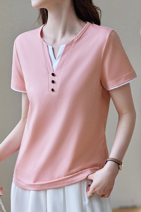 Casual V-Neck Fake Two-Piece T-Shirt - liwisi