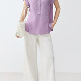 French Romantic Lyocell Heavy Embossed 3D Floral Puff Sleeve V-Neck Blouse