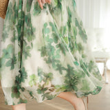 Art Flower Print Gathered Puff Dress with Lining