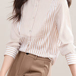 Elegant Office Stand-Collar Long-Sleeve Striped Paneled Blouse - liwisi