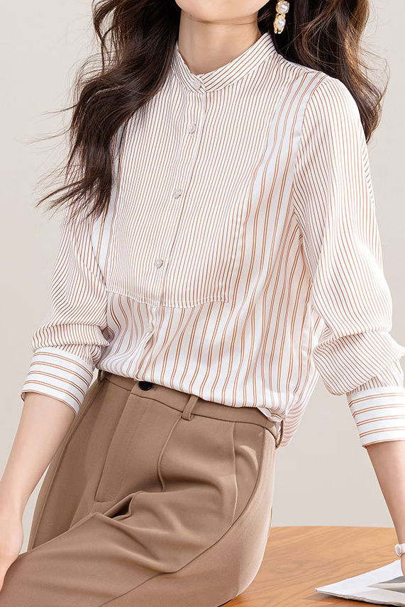 Elegant Office Stand-Collar Long-Sleeve Striped Paneled Blouse - liwisi