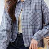 Casual Commuter Lapel Plaid Button‑Front Long‑Sleeve Blouse