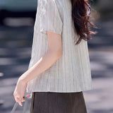 Sophisticated Commuter Vertical Striped Shirt With Contrast Ruffled Trim And Self-Tie Sash