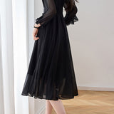 French Elegant Crew Neck Waist-Cinched Three-Quarter Sleeve Chiffon Dress