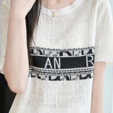 Elegant Commuter Crew Neck Jacquard Letter Short-Sleeve Knit T-Shirt