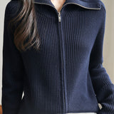 Casual Office Double-Zip Lapel Knit Jacket