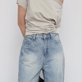 Diagonal Off-Shoulder Neck Side Tuck T-Shirt