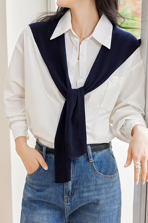 二点セット　シンプルデザイン長袖シャツ＋プレーン羽織りウールニットストール　3色入 - liwisi