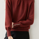 Elegant Knit Sweater With Ruffled Mock Neck And Bead Embellishment