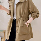 Casual Hooded Zip‑Up Drawstring Elastic Waist Trench Coat