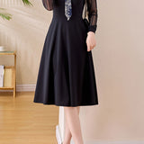 Elegant Commuter V‑Neck Printed Long‑Sleeve Dress With Ribbon And Mesh Splicing