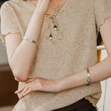Casual Ruffled Beaded Tie Linen Knit Top