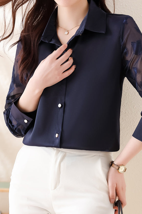 ジャカード刺繍装飾シアー袖サテンシャツ　2色入 - liwisi