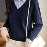 Casual Office Polo Collar Spliced Fake Two-Piece Knit Top - liwisi