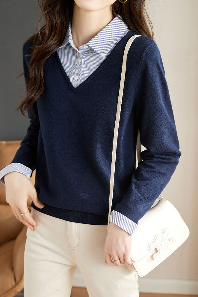 Casual Office Polo Collar Spliced Fake Two-Piece Knit Top - liwisi