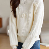 Elegant Loose Lantern Sleeve 3D Flower Pullover Sweater