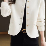 Elegant Crew Neck Knit Coat With Special-Shaped Buttons