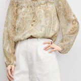 Vintage Printed Pleated Tie Blouse