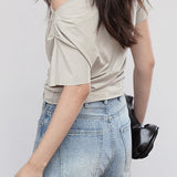 Diagonal Off-Shoulder Neck Side Tuck T-Shirt