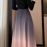 Exquisite Elegant Long-Sleeve Gradient Spliced A-Line Dress
