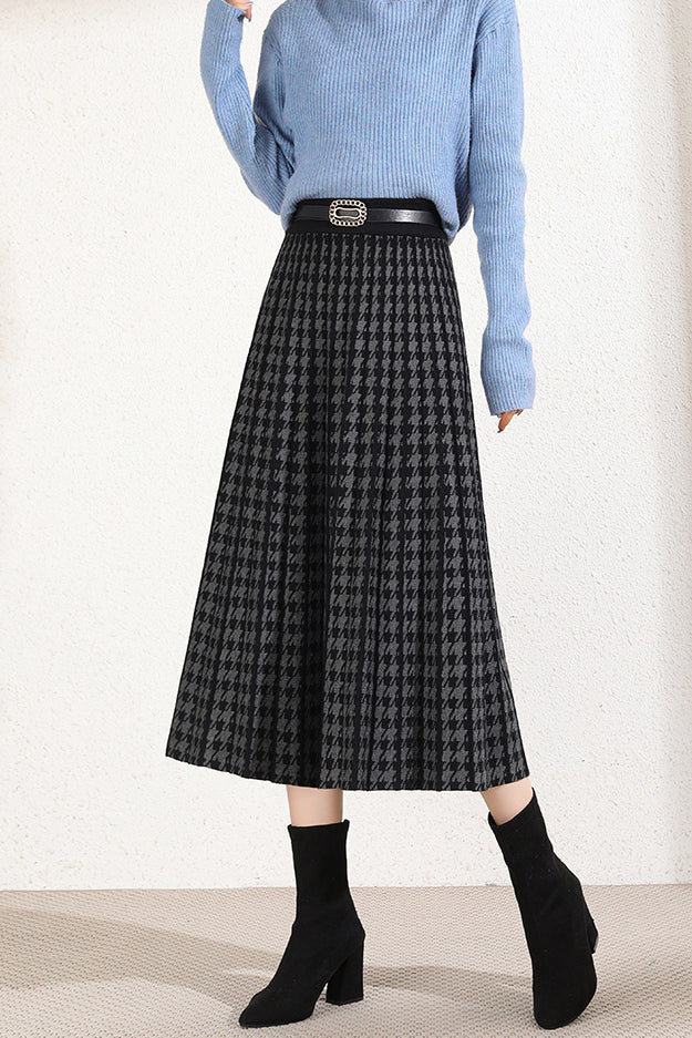 千鳥格子ロングフレアニットスカート - liwisi