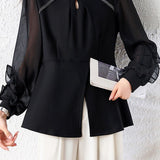 Exquisite Elegant Small V‑Neck Chiffon Spliced Long‑Sleeve Shirt