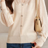 Elegant Lace Spliced Long-Sleeve Slim Knit Top - liwisi