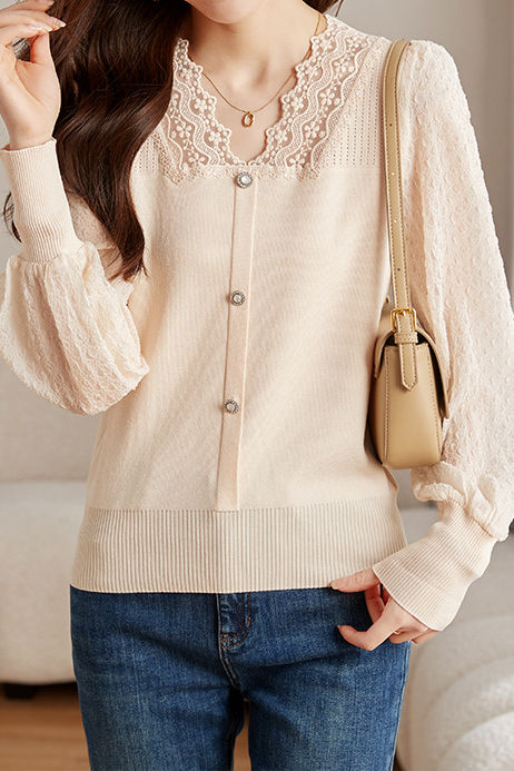 Elegant Lace Spliced Long-Sleeve Slim Knit Top - liwisi