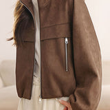 Elegant Commuter Small Stand Collar Zipper Long‑Sleeve Jacket